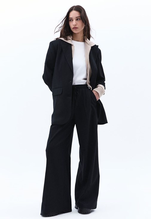 Lacivert Düşük Bel Wide-Leg Pantolon