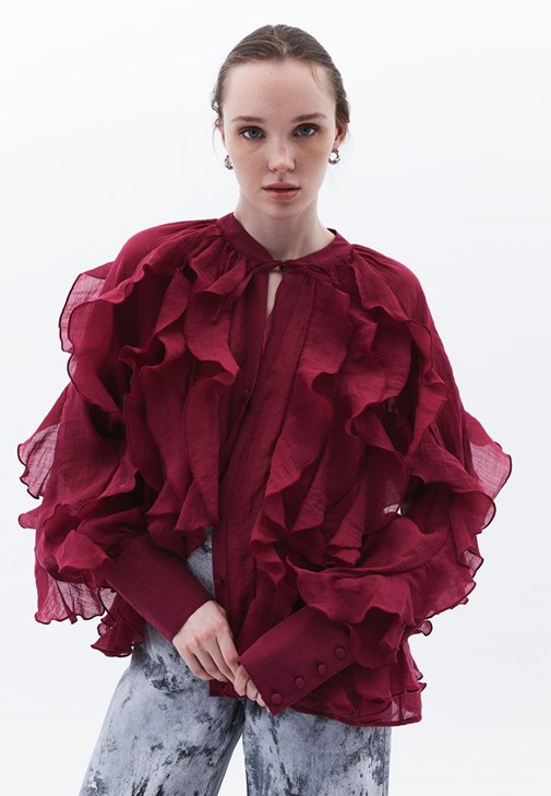 Pembe Yaka Detaylı Fırfırlı Bluz