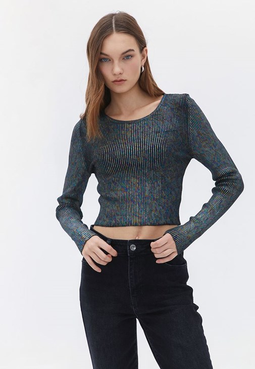 Çok Renkli Sıfır Yaka Crop Kazak