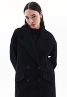 Bayan Siyah Yün Karışımlı Oversize Kaban