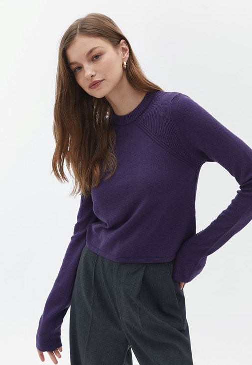Mor Sıfır Yaka Triko Kazak