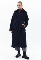 Women Navy Wool Blended Coat with Belt Detail