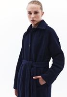 Women Navy Wool Blended Coat with Belt Detail