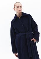 Women Navy Wool Blended Coat with Belt Detail
