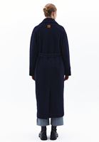 Women Navy Wool Blended Coat with Belt Detail