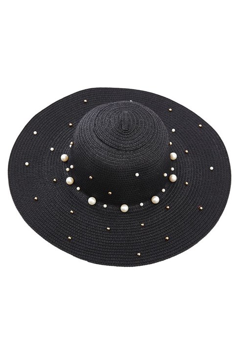 Siyah İnci Detaylı Hasır Şapka