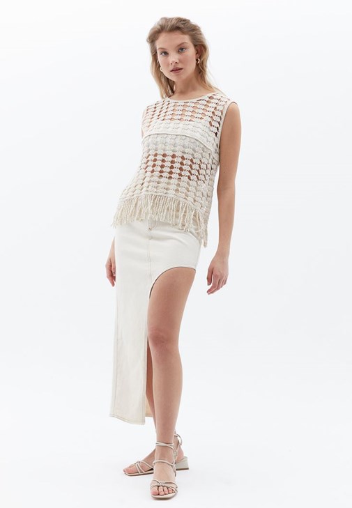 Bej Asimetrik Kesim Uzun Etek 