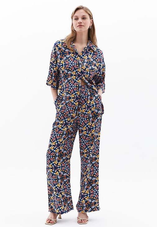 Çok Renkli Yüksek Bel Wide-Leg Saten Pantolon