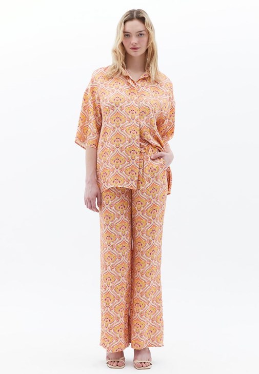 Çok Renkli Yüksek Bel Wide-Leg Saten Pantolon