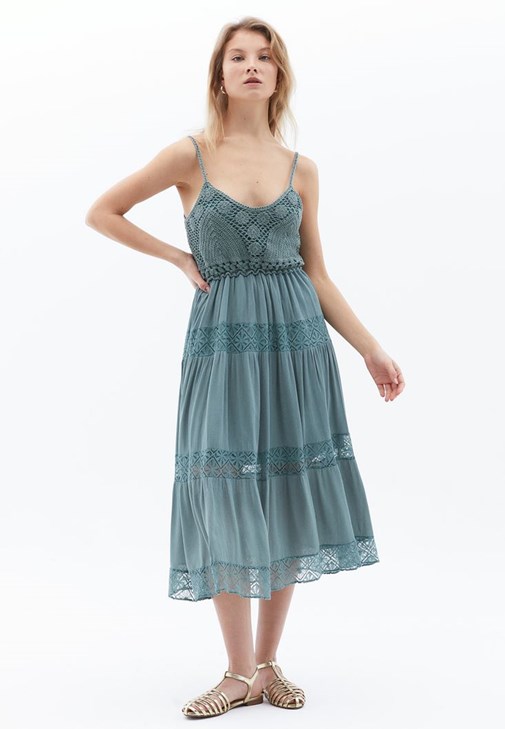 Yeşil İnce Askılı Midi Elbise