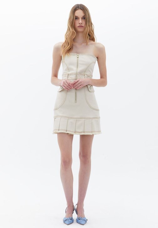 Bej Pileli Mini Elbise