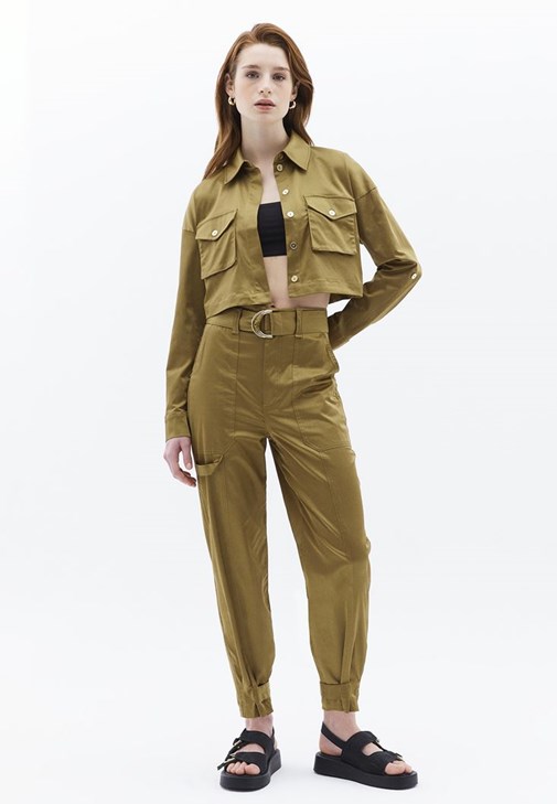 Yeşil Yüksek Bel Carrot-Fit Pantolon