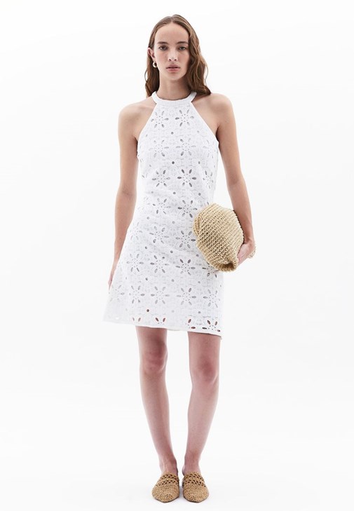 Beyaz Nakış Detaylı Mini Elbise