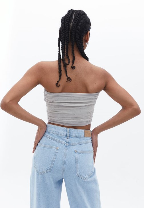 Taşlı Crop Top ve Pantolon Kombini