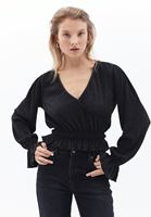 Bayan Siyah Kruvaze Yaka Crop Bluz