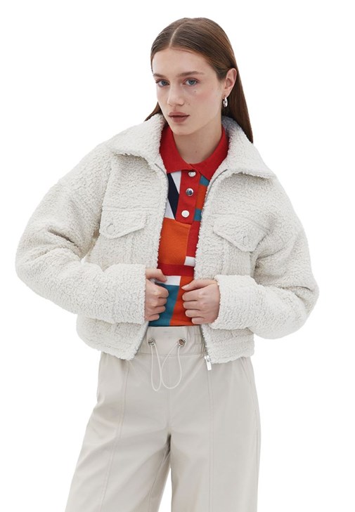 Krem Crop Biker Ceket