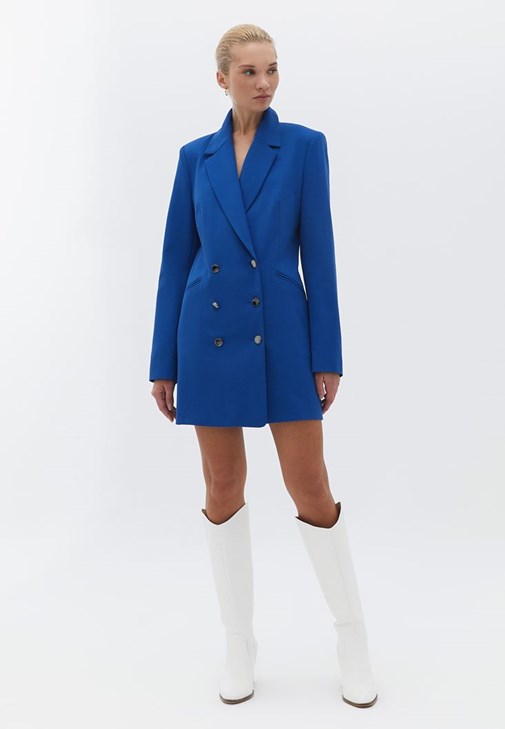 Mavi Düğmeli Blazer Ceket Elbise