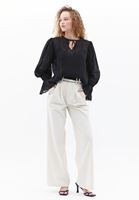 Bayan Krem Yüksek Bel Wide-Leg Pantolon