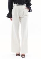 Bayan Krem Yüksek Bel Wide-Leg Pantolon