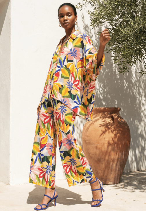Çok Renkli Floral Desenli Oversize Gömlek