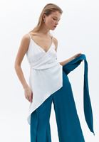 Women White Asymmetrical Blouse with Double Breasted Collar