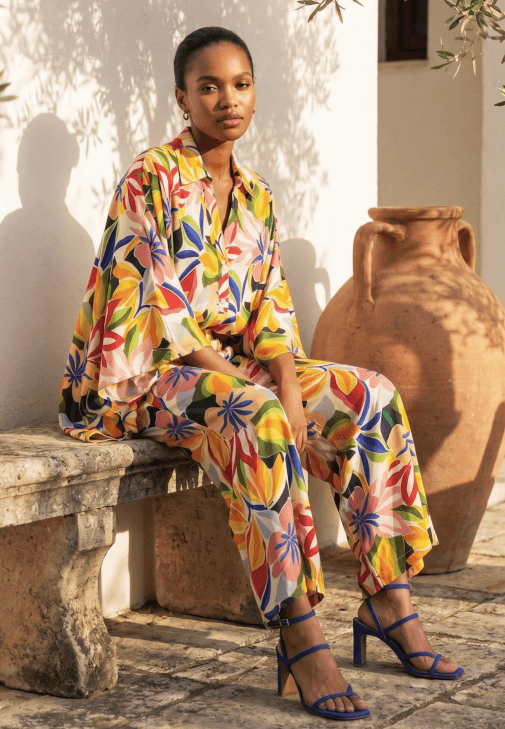 Çok Renkli Floral Desenli Straight-Fit Pantolon