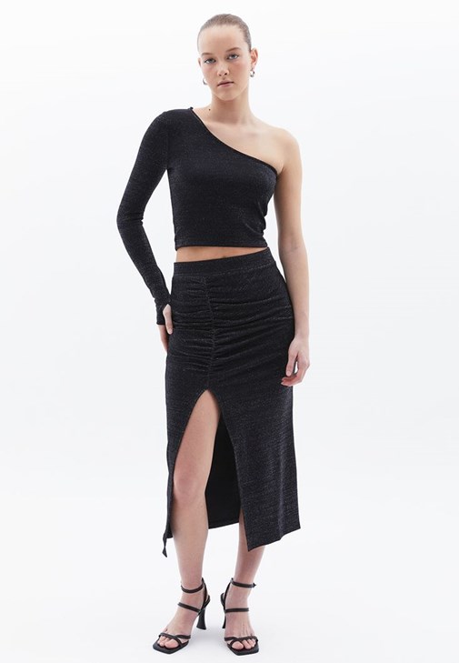 Gri Büzgülü Midi Etek