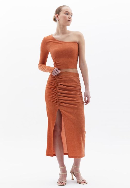 Turuncu Büzgülü Midi Etek