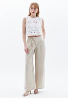 Bayan Bej Keten Karışımlı Wide-Leg Pantolon ( TENCEL™ )