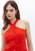 Bayan Turuncu Halter Yaka Keten Karışımlı Yelek ( TENCEL™ )
