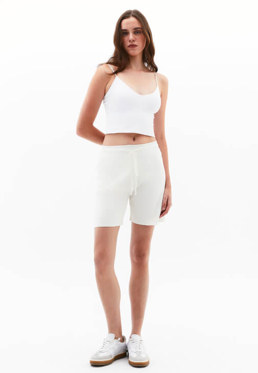 Krem Yüksek Bel Triko Şort