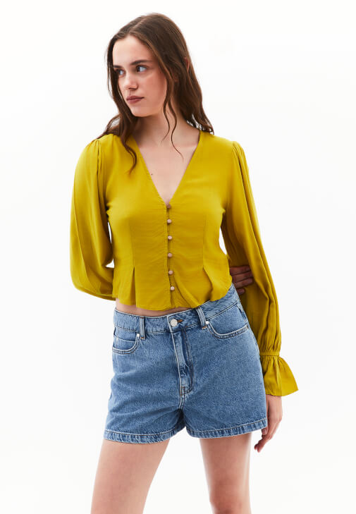 Sarı Düğmeli Crop Bluz
