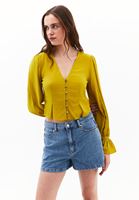 Bayan Sarı Düğmeli Crop Bluz