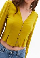 Bayan Sarı Düğmeli Crop Bluz