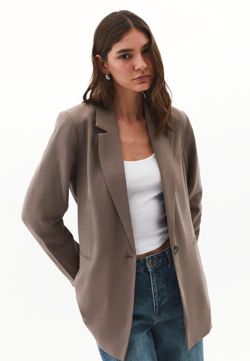 Kahverengi Keten Karışımlı Oversize Ceket