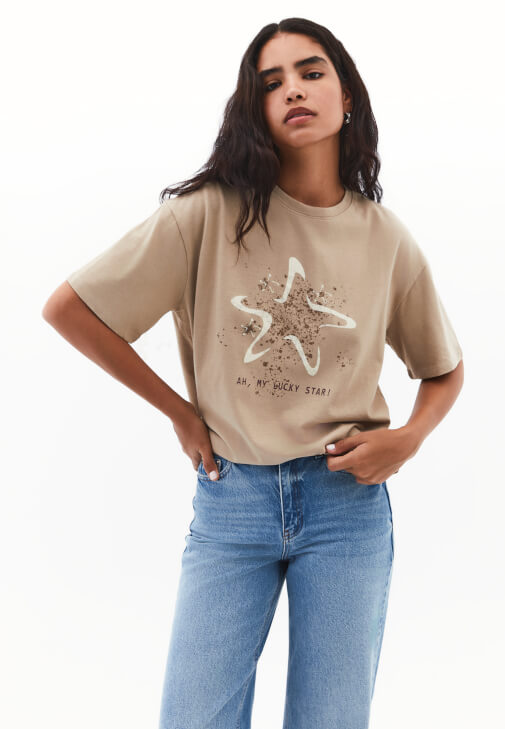 Bej Boyfriend Baskılı Tişört