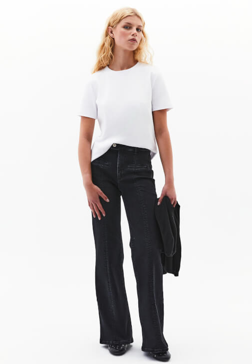 Siyah Orta Bel Flare Denim Pantolon