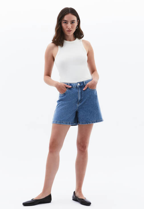 Mavi Yüksek Bel Denim Şort ( TENCEL™ )