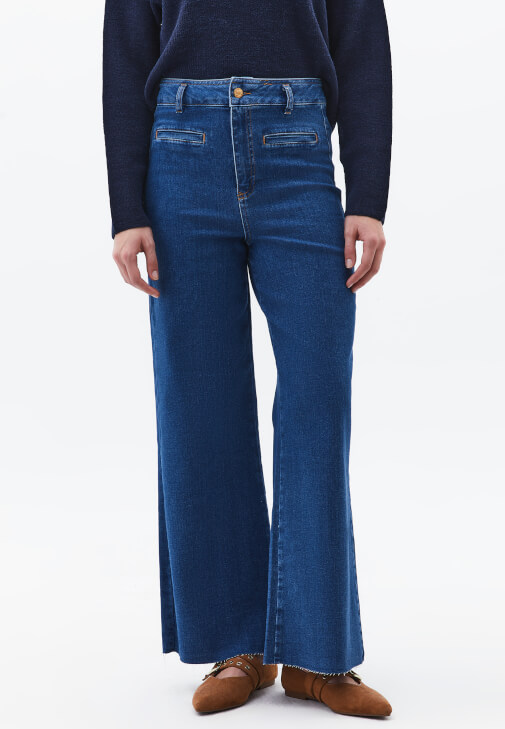 Wide-Leg Denim Pantolon ve Triko Kazak Kombini