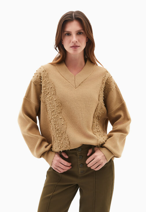 Dantelli Kazak ve Wide-Leg Pantolon Kombini