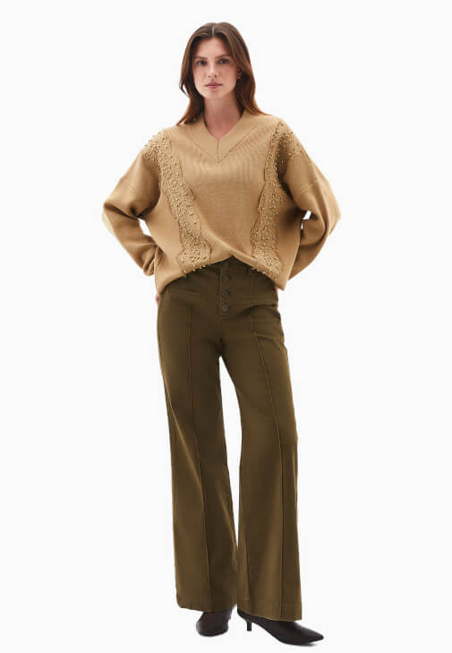 Dantelli Kazak ve Wide-Leg Pantolon Kombini