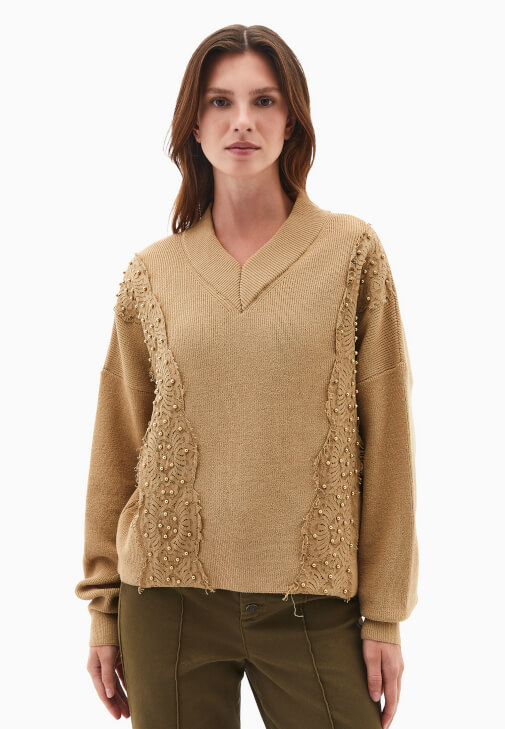 Dantelli Kazak ve Wide-Leg Pantolon Kombini