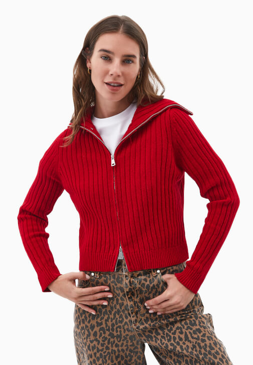 Kırmızı Yumuşak Dokulu Fermuarlı Hırka