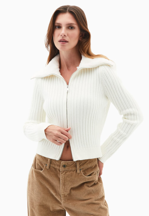 Krem Polo Yaka Fermuarlı Hırka