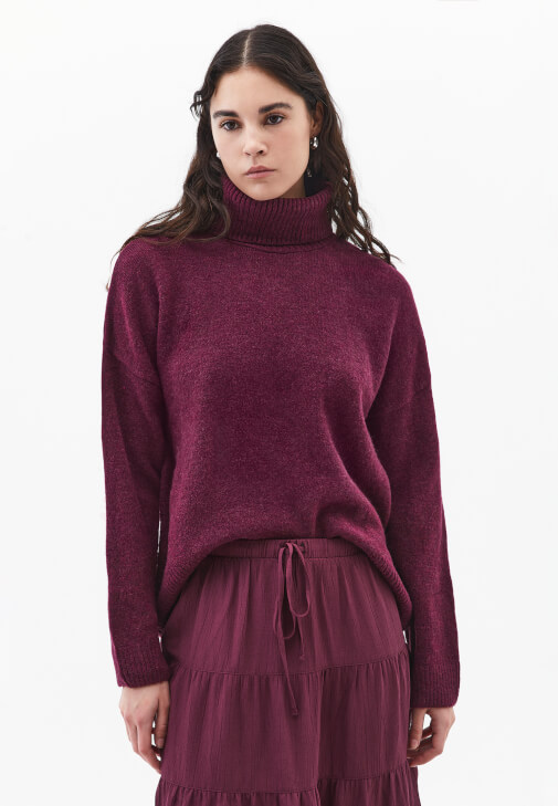 Mor Yün Karışımlı Balıkçı Yaka Kazak