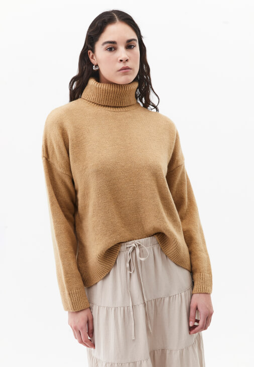 Bej Yün Karışımlı Balıkçı Yaka Kazak