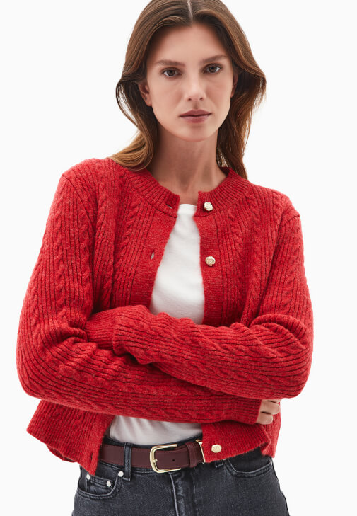 Kırmızı Yün Karışımlı Düğmeli Hırka