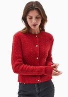 Bayan Kırmızı Yün Karışımlı Düğmeli Hırka