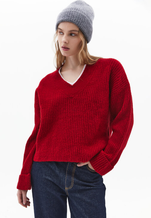 Kırmızı Yün Karışımlı V Yaka Kazak