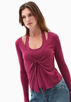 Bayan Bordo Atlet Detaylı Burgulu Tişört